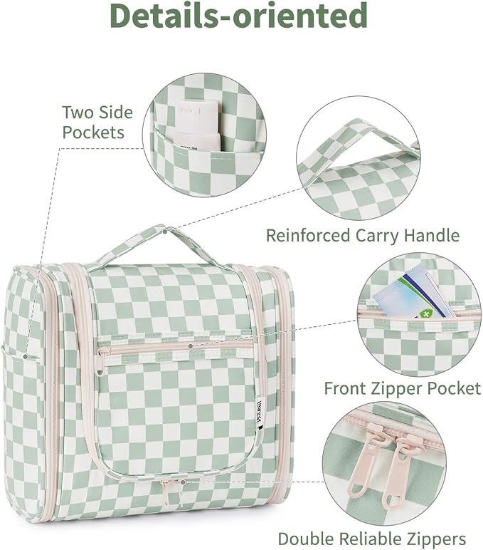 Narwey Travel Toiletry Bag for Women, Checkered Large Hanging Makeup Bag Organizer Cosmetic Make up Bags for Women, Travel Bag for Toiletries (Mint Green Checkerboard) - Image 6