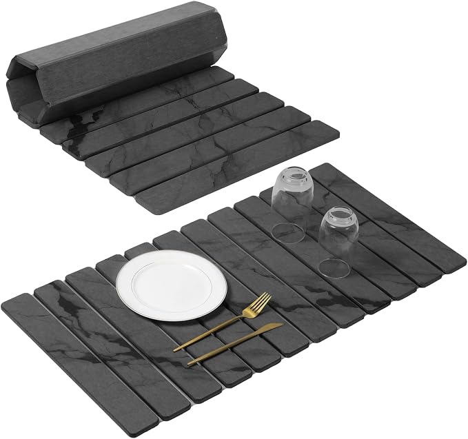 Extra Large Stone Dish Drying Mat for Kitchen Counter, Quick Dry Stone Dishes Mats, Foldable Water Absorbing Diatomaceous Drying Pad for Countertop Bottles Utensils Cups Bathroom(Dark Gray 32"×16"） by linidcoudhome