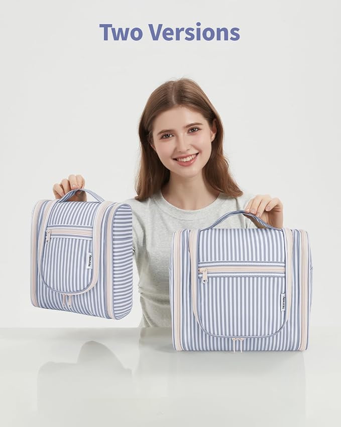 Narwey Striped Hanging Travel Toiletry Bag for Women, Travel Bag for Toiletries, Makeup Bag Organizer Cosmetic Bags Make Up Bags for Women (Greyish Blue Stripe) - Image 8