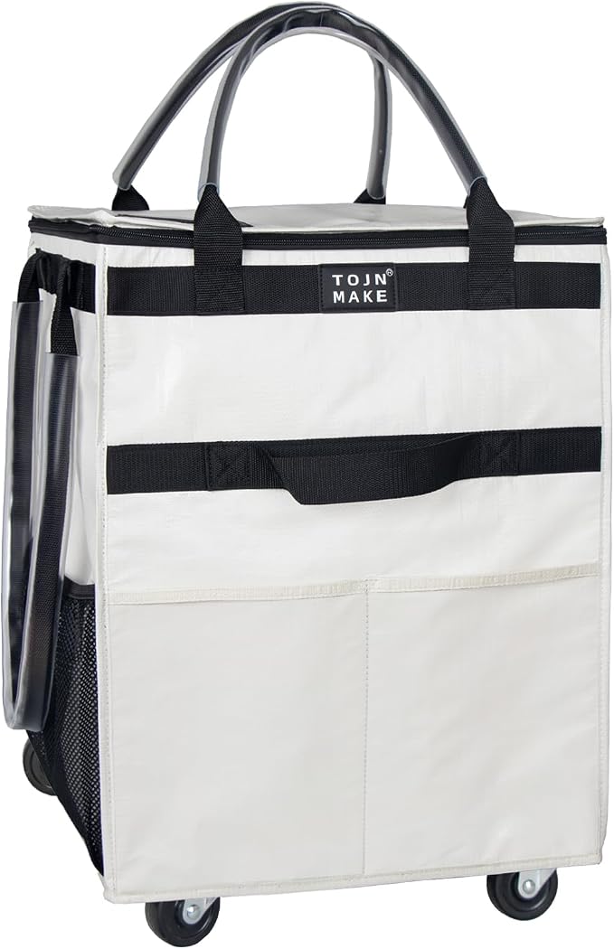 Reusable Grocery Bag On Wheels, Shopping Trolley, Rolling Tote with 8 Pockets and Zipper Cover, Foldable, Heavy Duty Handles, Carries Up to 46 LBS (Medium, Beige) by TOJNMAKE