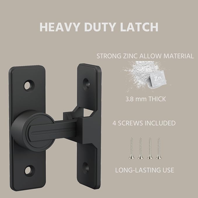 Barn Door Lock Latch - 90-Degree Deadbolt Lock, Zinc Alloy Security Door Lock for Bathroom, Garage, Bedroom, Cabinet - Black - Image 3