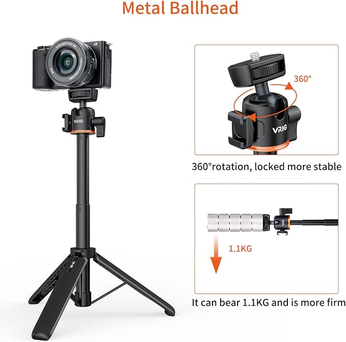 VRIG 21.6" Extension Pole Tripod for DJI Osmo Pocket 4/3,Insta360 Luna Ultra, Mini Selfie Stick Tripod Stand Handle Grip for Insta360 X5,Xtra Muse Webcam Canon G7X Mark III Sony Cameras Vlogging - Image 5