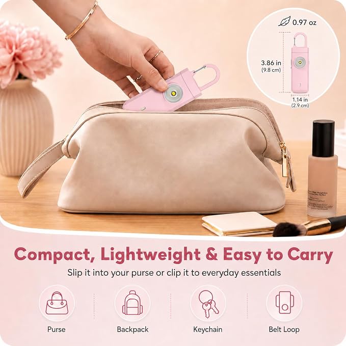 Rechargeable Personal Alarm for Women - Travel College Dorm Essentials | 130dB Keychain Alarm with Flashlight, Safety Gifts for Teen Girl, Daughter, Student, Birthday Gift Stocking Stuffers, Pink - Image 5
