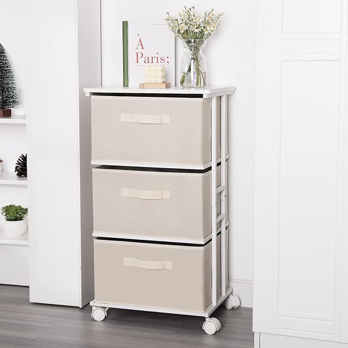MAX Houser Dresser Tower with 3 Drawers for Bedroom, Fabric Storage Organizer Unit, Chest of Drawers with with WoodTop, Small Vertical Storage for Guest Room, Closet, Entryway(Beige) - Image 6