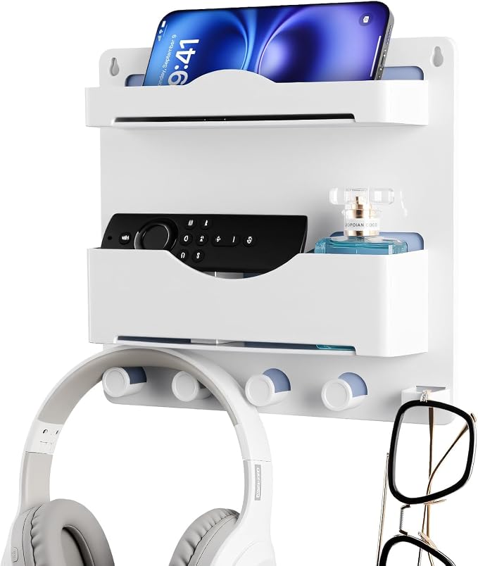 Bedside Wall Shelf with Glasses Hooks, Adhesive Bedside Organizer Wall Mount for Dorm and Room Accessories Phone，Remote，Earphone， Kindle (White) by JUMEIHUI