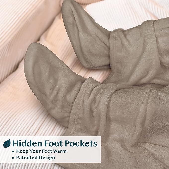 PAVILIA Fleece Blanket with Sleeves, Foot Pockets for Women Men Adults, Plush Wearable Blanket Throw Wrap, Warm Snuggle Blanket Robe, Cozy Gift Ideas Wife Mom, Taupe Beige - Image 2