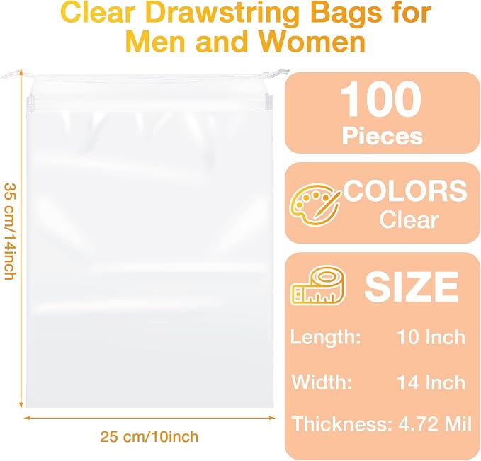 100 Packs Shoes Bags for Travel 10 x 14 Inch Large Transparent Plastic Bags | Clear Drawstring Bags Plastic Waterproof Shoe Packing Bag Storage Organizer Pouch with Rope for Men Women Travel Accessories - Image 2