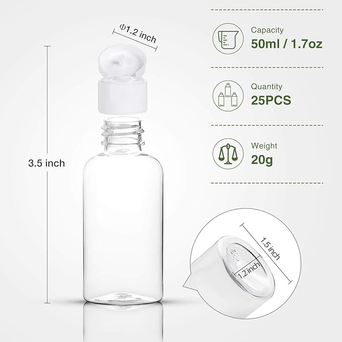 MMonDod 25 Pack 1.7oz/50ml Plastic Empty Bottles, Clear Travel Size Bottles | Travel containers with flip cap, squeezable refillable toiletry bottles for liquid use - Image 2