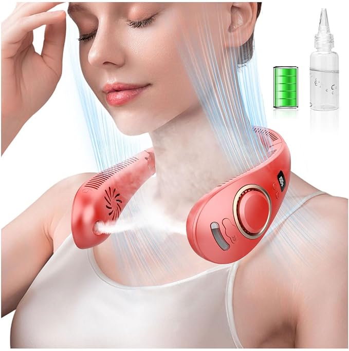 Neck Fans for Women Rechargeable-Foldaway Personal Fan with Water Mist,Wearable Hanging Fan Around Neck,Small USB Rechargeable Neck Cooler for Mother's Day Father's Day Adults Kids Birthday Gifts Red by KJXICNeckFan