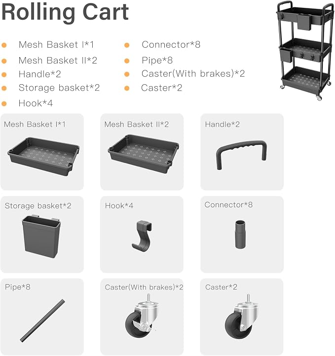 3 Tier Rolling Utility Cart with Handle,REBECAT Utility Cart Made of Multifunctional Storage Organizer Tool for Kitchen,Bathroom,Living Room,Office(Black) - Image 4