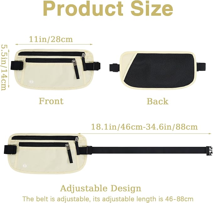 FuninCrea Waterproof Hidden Money Belt for Travel, Anti-Theft Belt Bag with RFID Blocking Function Adjustable Slim Waist Bag with 2 Zipper Pockets and 1 Back Pocket for Travel Running (B, Beige) - Image 2