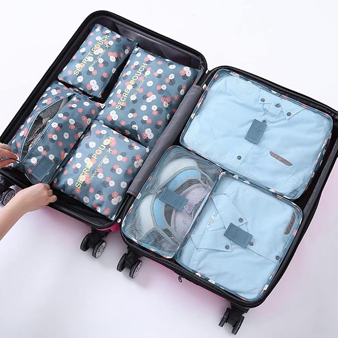 7 Set Packing Cubes Travel Luggage Packing Organizers for Suitcase, Blue Flower - Image 2