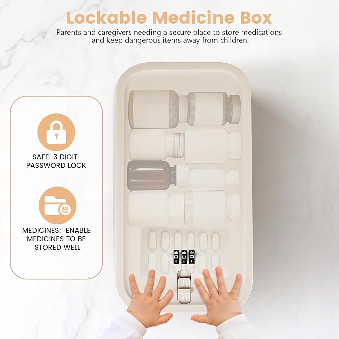 Small Lock Box,Lockable Storage Box with Combination Code for Medication Safe, Medicine Lock Box for Pills/First Aid Kits/Food/Snack Phone Jail,Locked Container for Home/Fridge/Office/School (Beige) - Image 3