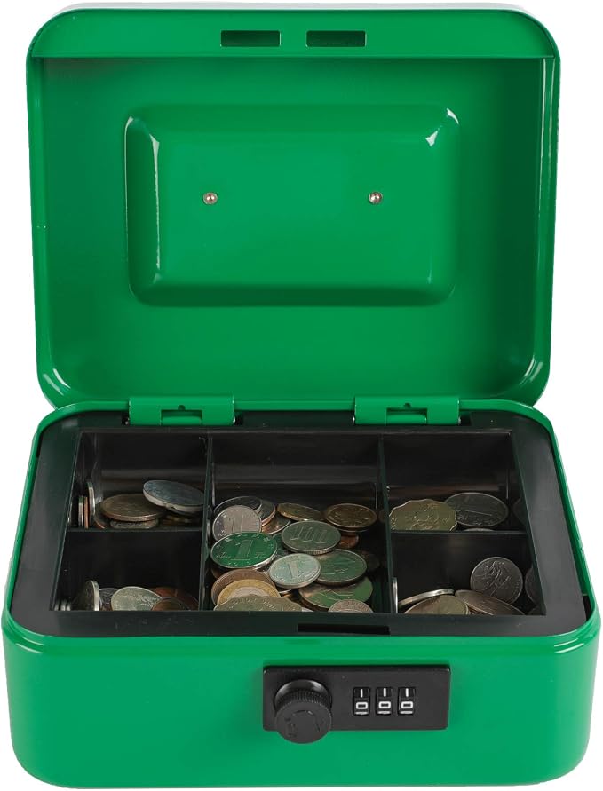 xydled Cash Box with Money Tray,Locking Cash Box with Combination Lock,Money Box with Removable Coin Tray,Medium,9.84 inchx 7.87 inchx 3.54 inch,Green - Image 10