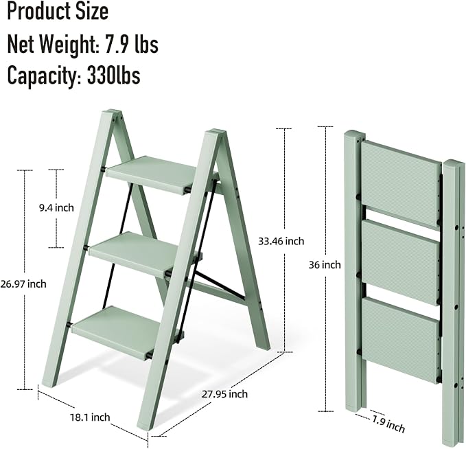 Mayi Plus 3 Step Stool Foldable, Aluminum, Lightweight Step Ladder | Extra-wide anti-slip folding steps with 330 lbs, for home,kitchen,office,outdoor,Green - Image 6