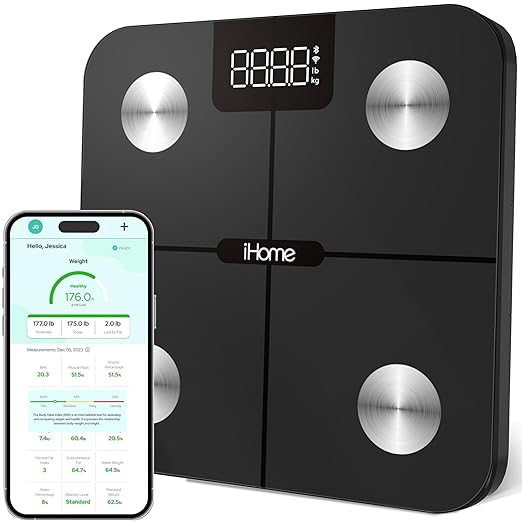 iHome Digital WiFi Smart Scale for Body Weight, Weight Scale, Including BMI, Body Fat, Muscle Mass, Batteries Included (Black Smart WiFi) by iHome
