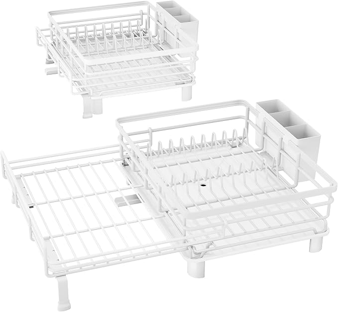 Expandable Dish Drying Rack for Kitchen Counter, Stainless Steel, White | Foldable Over Sink, Large Capacity, Adjust to Fit Most Sinks, Angled Drainboard, Removable Utensil Holder, Slip Resistant - Image 9