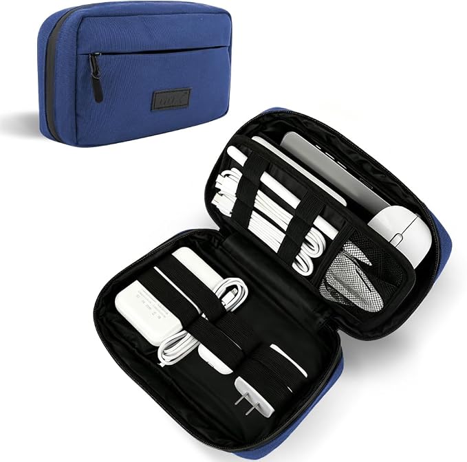 GOX Travel Cable Organizer Bag, Medium Tech Pouch for Electronics, Navy | Two Zippers & Multiple Storage Pockets, Water-Repellent Oxford, All-in-One Tech Bag for Electronic & Travel Accessories by GOX
