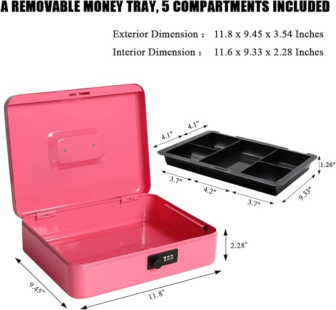 Jssmst Large Cash Box with Combination Lock - Durable Metal Cash Box with Money Tray, Pink, 11.81 x 9.84 x 3.46 inches, CB0705XLN - Image 3