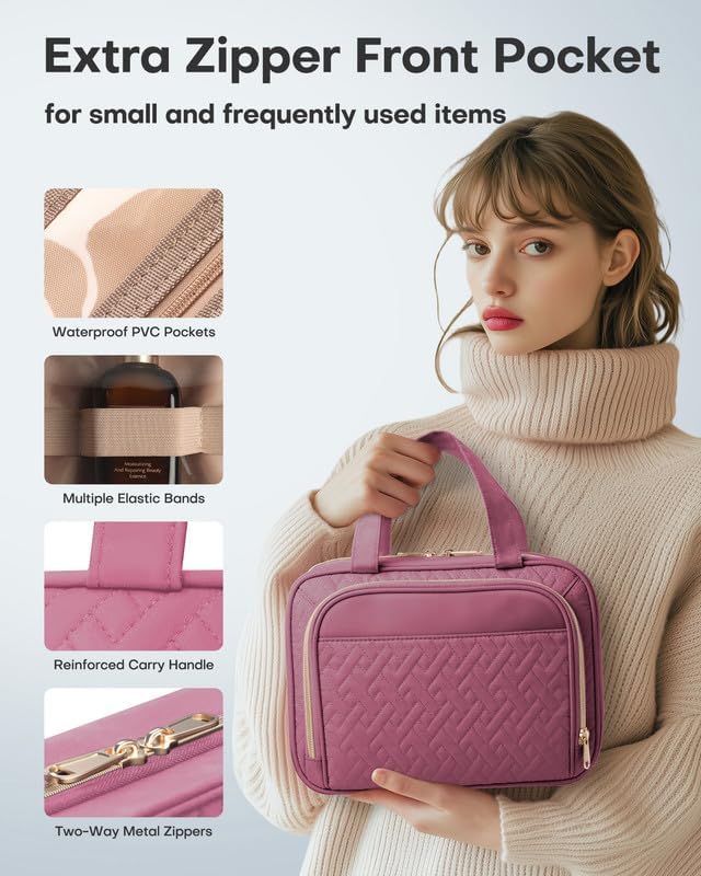 HOTOR Hanging Travel Toiletry Bag Women Men, Rosewood-Pink, Medium | Waterproof Makeup Bag Hanging Hook,Multiple Pockets,Travel Essentials,11.2 x 3.2 x 8.9inches - Image 5