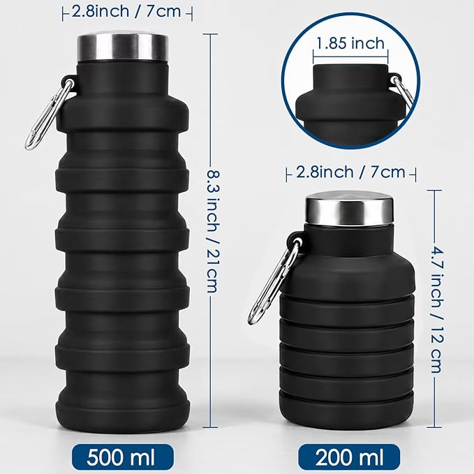 4 Pack Collapsible Water Bottles, 16oz Portable Reusable Silicone Water Bottle, Foldable Water Bottles for Travel Gym Camping Hiking, Leak Proof Sports Water Bottle with Carabiner (Deep Color) - Image 2