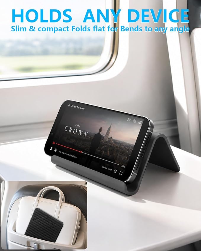 Airplane Phone Holder 2 Pack (Black+Orange), Flexible Silicone Aluminum Foldable Phone Stand, Travel Essentials & 0.12" Ultra-Thin Desktop Mount for iPhone, Flight, Bed, Office, Treadmill - Image 3