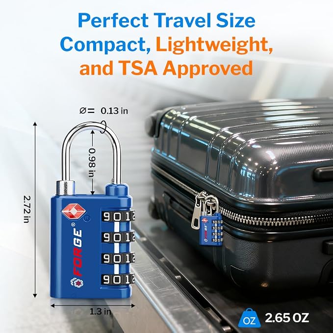 Forge Dual-Opening: Key or Combination Lock, TSA Approved Lock for Luggage, Pelican case, Travel, Gym, School, Luggage Combination Lock, Travel Bag Lock (Blue 2 Pk) - Image 6