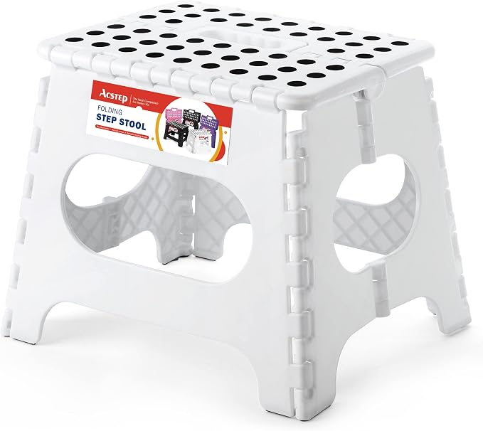 11 Inch Folding Step Stool for Kids, Non-Slip Foldable Stools, White | Heavy Duty Collapsible Foot Stool, Lightweight with Built-in Handle, Holds 300 lb for Adults Kitchen Bathroom Bedroom Outdoor by ACSTEP