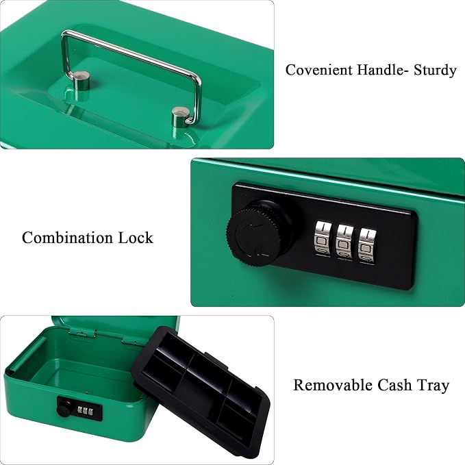 Jssmst Medium Cash Box with Combination Lock - Durable Metal Cash Box with Money Tray Green,7.87 x 6.3 x 3.35 inches - Image 4
