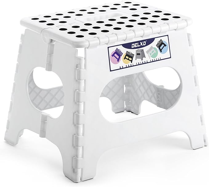 Delxo Folding Step Stool,11 Inch Non-Slip Foldable Step Stools for Kids and Adults,Portable Foldable Step Stool Lightweight Small Folding Stool with Handle for Kitchen Bathroom in White,1 Pack | Foldable Step Stool 11",Non-Slip Foot Stools with Handle,... by Delxo