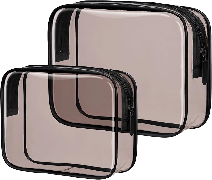 Clear Makeup Bag Travel - TSA Approved Toiletry Bag, 2 Black Brown | 1 Medium Quart Carry-On & 1 Large Checked-Luggage, Reinforced Seams, Water-resistant, Clear Easy-Check for Airport, Women by Packism