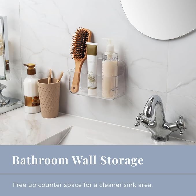 Adhesive Wall Organizer Bin, No-Drill, Clear, 7.1 x 3.15 x 4.75 in | BPA-Free PET, Built-In Drain Holes, Detachable, Easy-Reach Storage for Small Items Like Phones, Remotes, or Sponges - Image 4