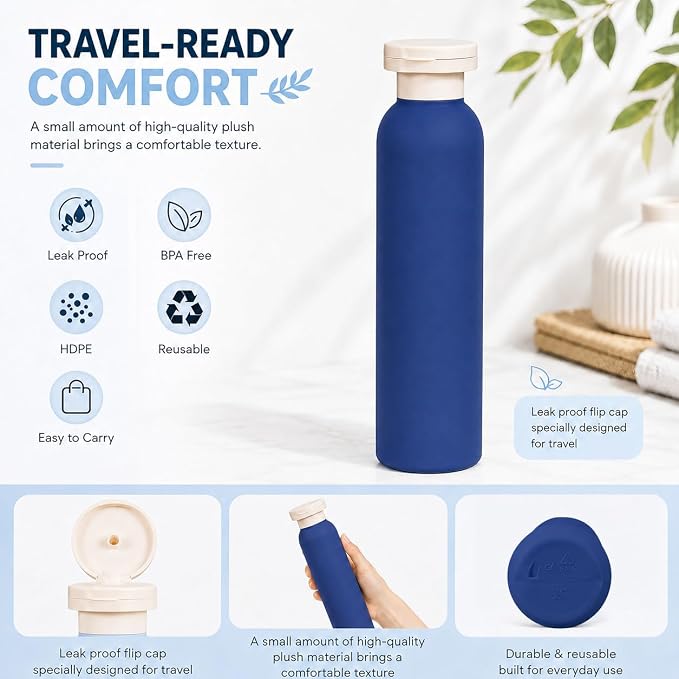 METAPACK 4Pack 8.8oz Travel Shampoo Bottles with Labels, Refillable Travel Bottles, Flip Top Squeeze Bottles, Portable Plastic Toiletry Containers for Lotion, Conditioner & Body Wash(dark bule, grey) - Image 3