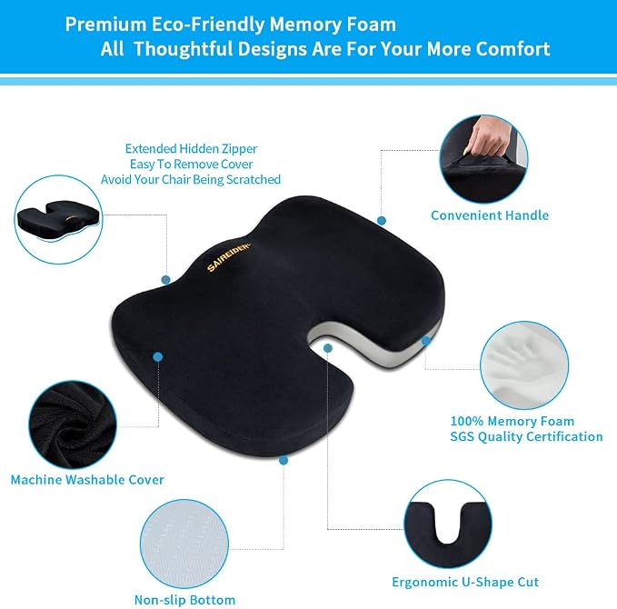 SAIREIDER Office Chair Cushion, Car Seat Cushion, Memory Foam Coccyx Cushion Pads for Tailbone Pain, Sciatica Relief Pillow, Correct Sitting Posture (Black) - Image 3