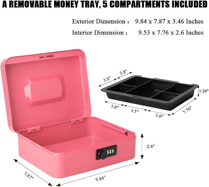 Jssmst Large Cash Box with Combination Lock - Durable Metal Cash Box with Money Tray Pink (9.8 x 7.9 x 3.5), SM-CB07004L, SM-CB014 - Image 3