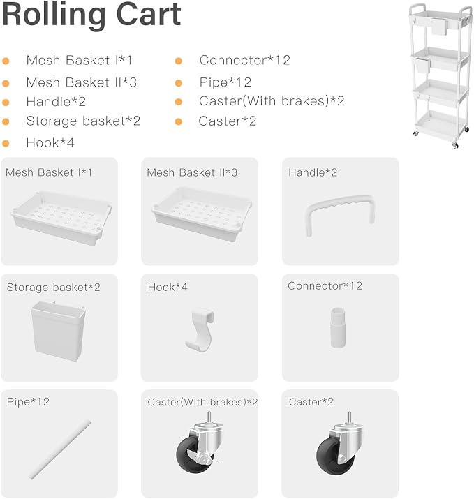 4 Tier Rolling Utility Cart with Handle,REBECAT Utility Cart Made of Multifunctional Storage Organizer Tool for Kitchen,Bathroom,Living Room,Office(White) - Image 4