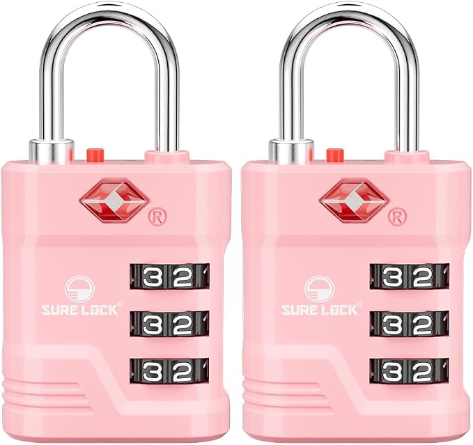 SURE LOCK TSA Approved Luggage Lock – 3-Digit Resettable Combination Padlock with Open Alert Red Dot, Large Easy-Read Dials for Suitcases, Backpacks, Gym & School Lockers(Pink 2 pk) by Hopeyoucanstaysafe