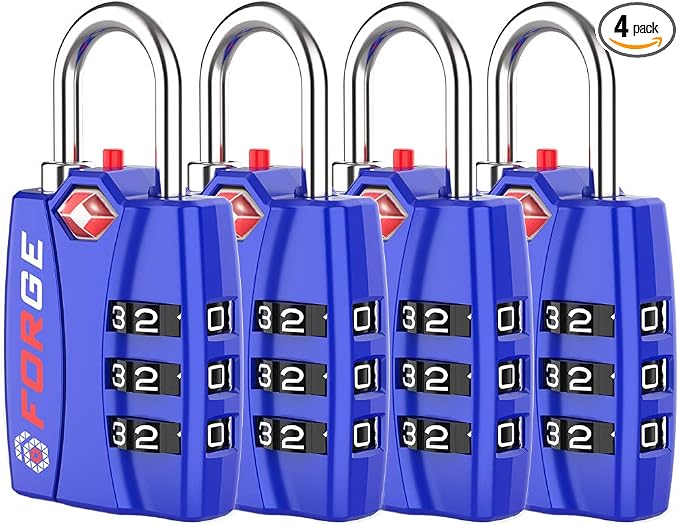 Forge Open Alert TSA Approved Luggage Locks - 3 Digit Combination, Easy Read Dials, Zinc Alloy Body - Ideal Travel Lock for Luggage, Suitcases, Bags & Toolboxes (Blue 4Pk) by Forge