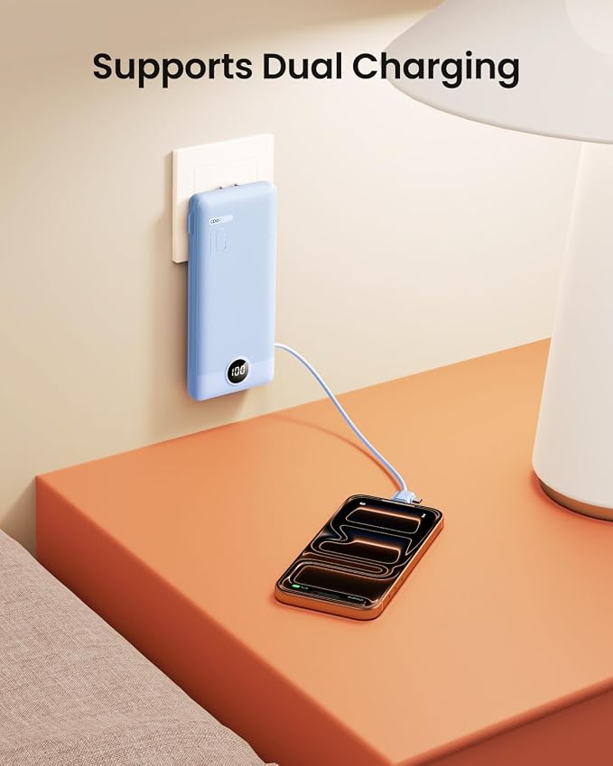 Portable Charger Built-in Cables and Wall Plug, 10000mAh Slim USB C Power Bank, LED Display External Battery Pack Compatible with iPhone/Android & More (Blue) - Image 5