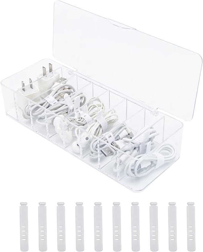 Cable Organizer Storage Box Plastic Cable Cord Management Box Power Cord Organizer Case with 10Pcs Rubber Ties for Office, Home, Desk Accessories Storage Stationery Supplies by WIWAPLEX