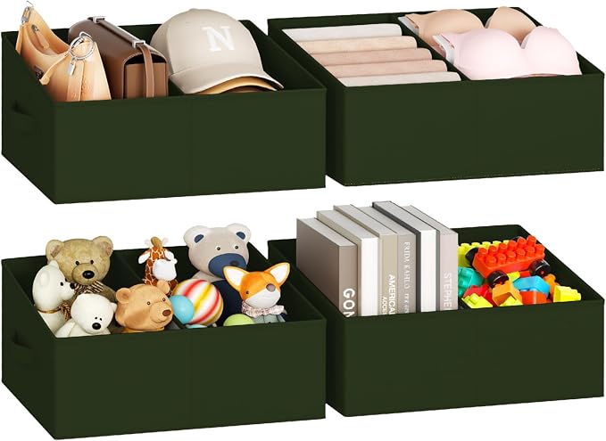 DIMJ Large Closet Shelf Organizer Bins 4 Packs with Handles and Divider, Fabric Trapezoid Storage Baskets, Foldable Clothes Containers Box for Shelf, Towel, Book, Toy, Purse, Hats, Green by DiMJ