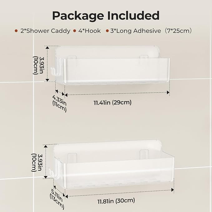 Orimade Shower Caddy 2-Pack, No-Drill Adhesive Shelves with 4 Hooks for Bathroom, Rustproof ABS Plastic Storage Organizer Set, Clear - Image 6