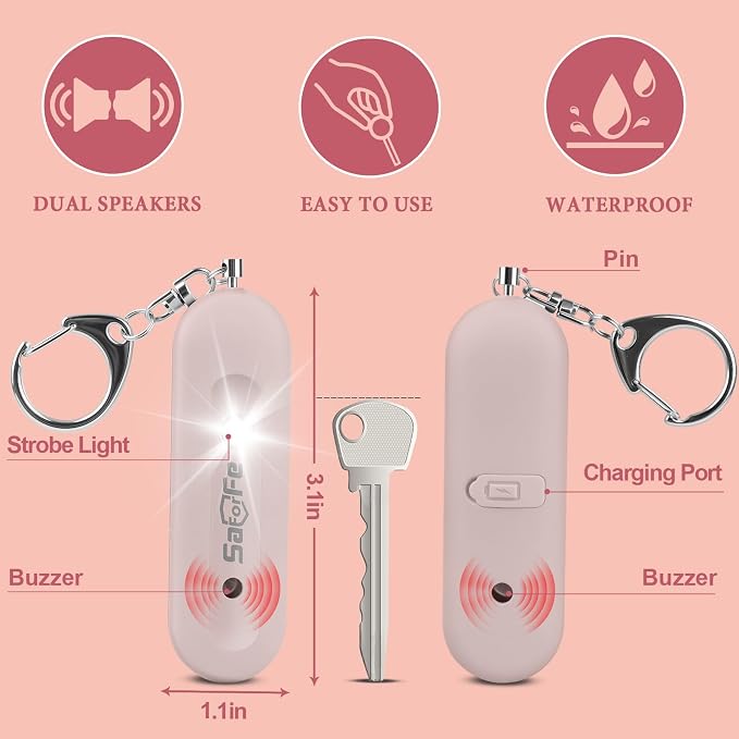 Personal Safety Alarm - Waterproof Rechargeable Security Alarm - 140dB Extra Loud Siren & Strobe Light - Self Defense Keychain - Gift for Women, Teenagers, College Girls, Seniors (Pink) - Image 3
