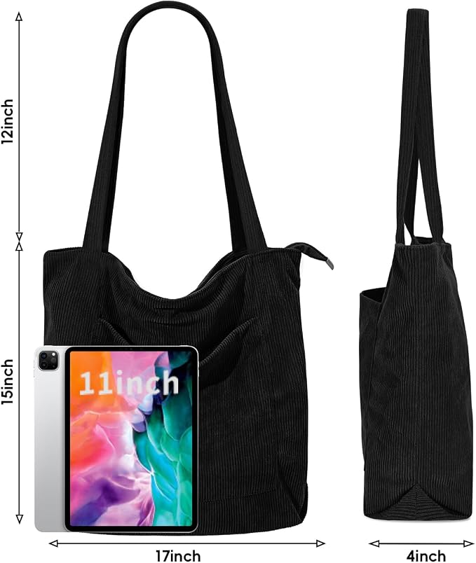 Iioscre Corduroy Tote Bag for Women,Hobo HandBags with Zipper | Large Capacity Casual Shoulder Bag with Inner Pockets for Shopping Work Daily Travel. - Image 5