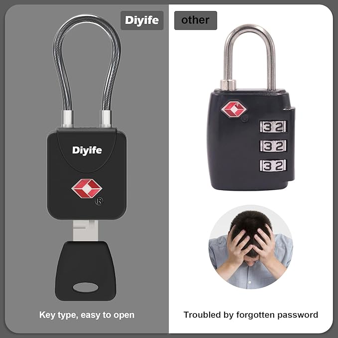 Diyife Luggage Locks with Key, TSA Approved Luggage Locks, Suitcase Locks | Small TSA Travel Lock with Zinc Alloy Steel Cable Ideal for Backpacks, Bags, Toolbox, Case, 2 Pack Black - Image 5