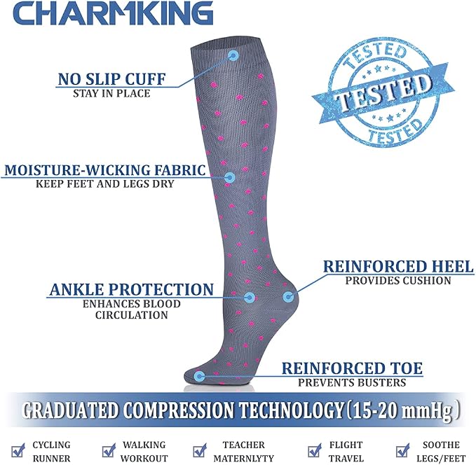 CHARMKING Compression Socks for Women & Men Circulation (8 Pairs) 15-20 mmHg Best Calf Socks Support for Athletic Cycling - Image 4