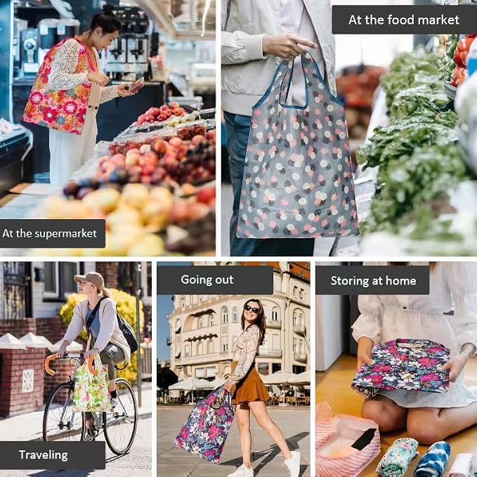 HIQU and HIST 6 Pcs Reusable Shopping Bags, Foldable Grocery Bags in Pocket, Eco-friendly Travel Recycle Shopping Bags,Waterproof and Machine Washable, for Daily Shopping Supplies load - Image 6