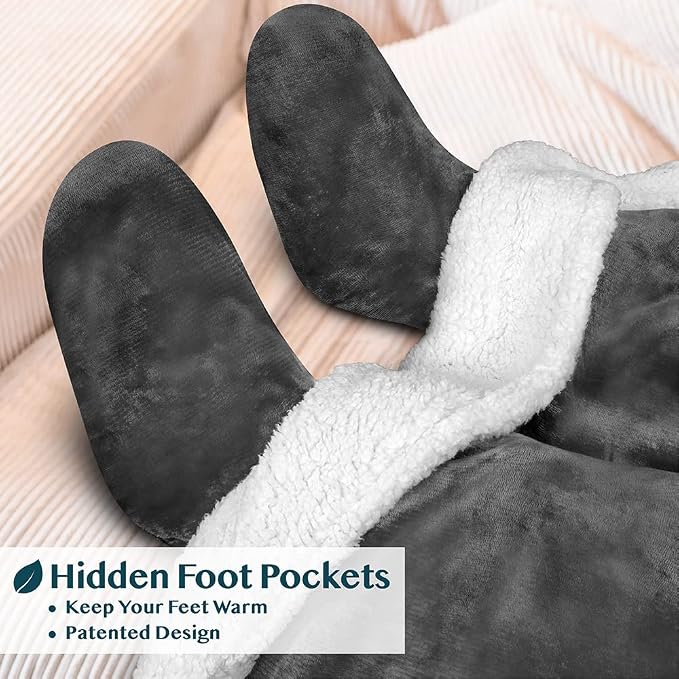 PAVILIA Sherpa Blanket with Sleeves, Foot Pocket for Women Men Adults, Thick Wearable Blanket Throw Wrap, Fleece Warm Snuggle Blanket Robe, Cozy Gift Ideas Wife Mom, Dark Gray - Image 2