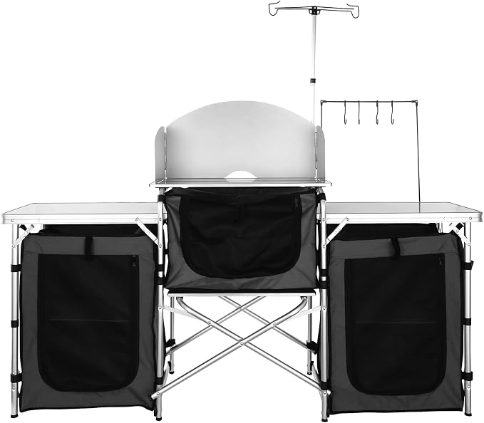 VEVOR Camping Kitchen Table, Folding Outdoor Cooking Table with Storage Carrying Bag, Aluminum Cook Station 3 Cupboard & Detachable Windscreen, Quick Set-up for Picnics, BBQ, RV Traveling, Black | Portable Lightweight Setup, Storage Pockets, Sturdy Cor... - Image 10