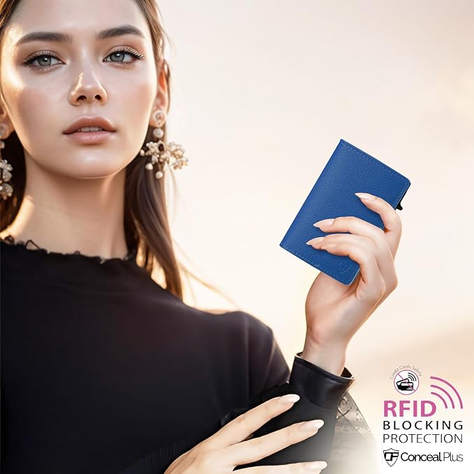 Pop Up Wallet for Women | RFID Blocking Slim Card Holder for Small Purse & Crossbody Bag | Compact Aluminum Wallet | Holds 4–6 Cards | Saffiano Navy Blue - Image 8